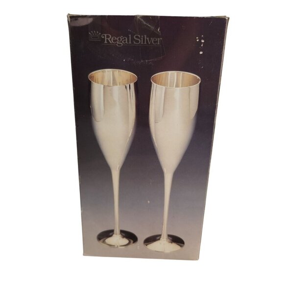 Regal Silver Silverplated Tulip Champagne Flutes Pair Vintage Still in Box - Picture 7 of 12